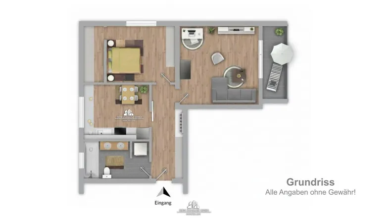 Grundriss einer Wohnung mit Schlafzimmer, Wohnzimmer, Küche, Bad und Balkon.