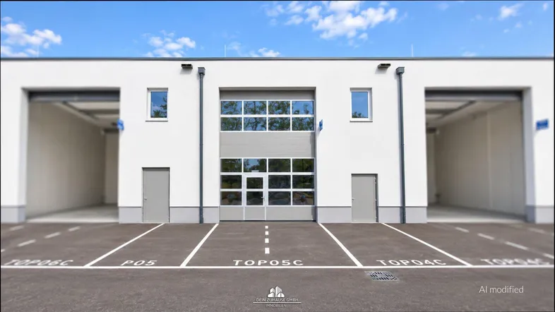 Moderne Gewerbeimmobilie mit mehreren Garagentoren und markierten Parkplätzen davor unter blauem Himmel.