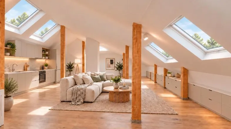 Helles, offenes Dachgeschoss-Apartment mit integrierter Küche, Holzbalken und mehreren Dachfenstern für viel Tageslicht.