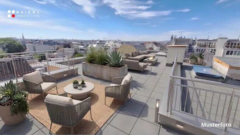 Großzügige Dachterrasse mit modernen Lounge-Möbeln und weitem Blick über die Stadt.