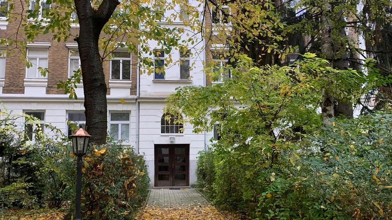 Eingangsbereich eines Gebäudes mit einem von Herbstlaub bedeckten Weg und umgebenden Bäumen.