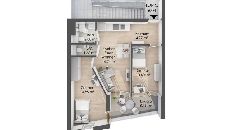 Detaillierter Grundriss einer Wohnung mit offenem Wohnbereich, zwei Schlafzimmern und Loggia.