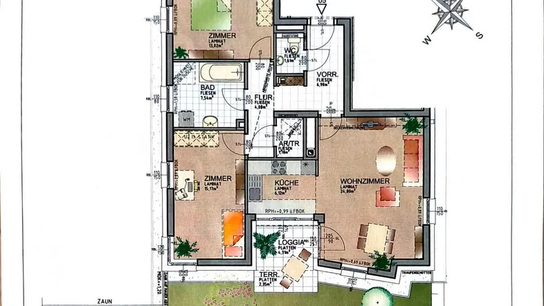 Detaillierter Grundriss einer Wohnung mit drei Zimmern, Loggia und Garten auf Ebene 1.
