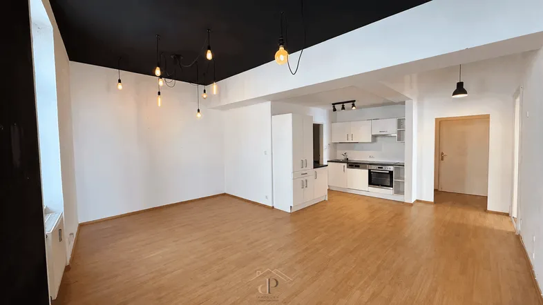 Offener Wohnbereich mit integrierter Küche, Holzboden und moderner Deckenbeleuchtung.
