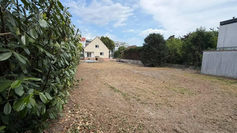 Weitläufiger Gartenbereich mit trockenem Gras und einem Einfamilienhaus in der Ferne.