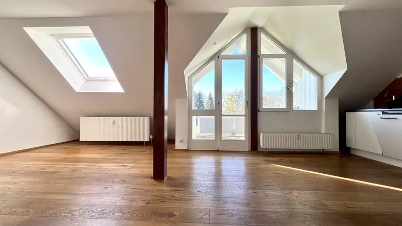 Großzügiger Wohnbereich im Dachgeschoss mit Holzboden, Dachfenster und Zugang zum Balkon.