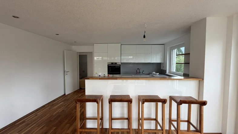Moderne offene Küche mit weißer Hochglanzfront, Frühstücksbar und Holzboden.