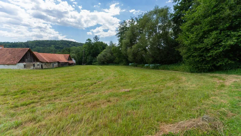 Weitläufiges grünes Feld mit traditionellen Gebäuden im Hintergrund unter blauem Himmel.