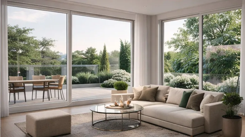 Helles Wohnzimmer mit großen Panoramafenstern, die auf eine Terrasse und üppiges Grün blicken.