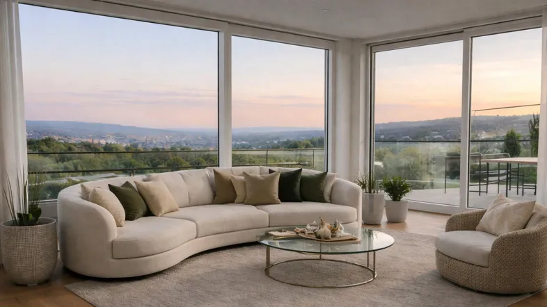 Helles Wohnzimmer mit großen Panoramafenstern, beigem Sofa und weitem Blick über die Landschaft.