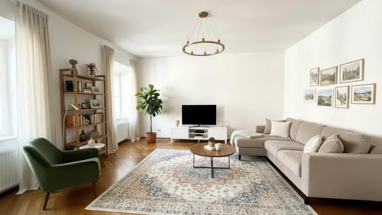 Helles Wohnzimmer mit Fischgrätparkett, beigem Sofa und modernem Teppich.
