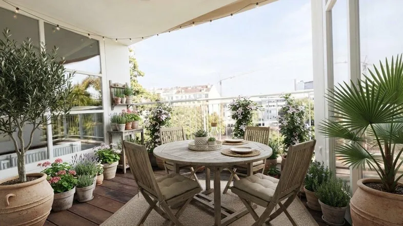 Möblierter Balkon mit Holzboden, Pflanzen und Blick auf die Stadt.