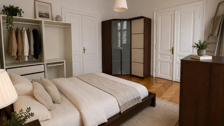 Helles Schlafzimmer mit Parkettboden, hohen Decken und modernen Kleiderschränken.