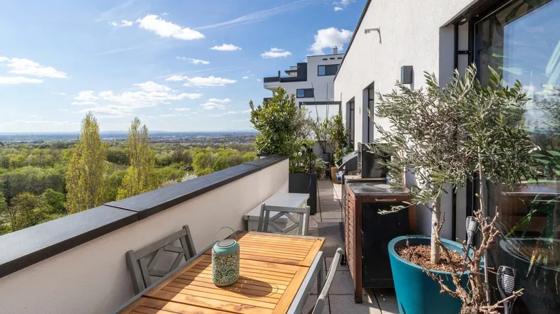 Geräumiger Balkon mit Holztisch, Pflanzen und weitem Blick über die grüne Landschaft.