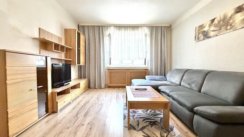 Helles Wohnzimmer mit bequemer Couch, Holzboden und modernen Möbeln.