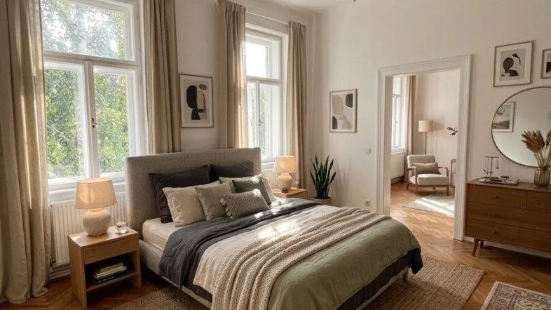 Helles Schlafzimmer mit Fischgrätparkett, hohen Decken und großen Fenstern mit Grünblick.