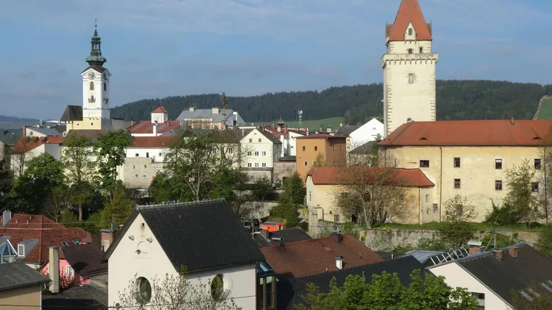 Panoramablick über eine historische Stadt mit Kirchturm und Burgturm unter blauem Himmel.