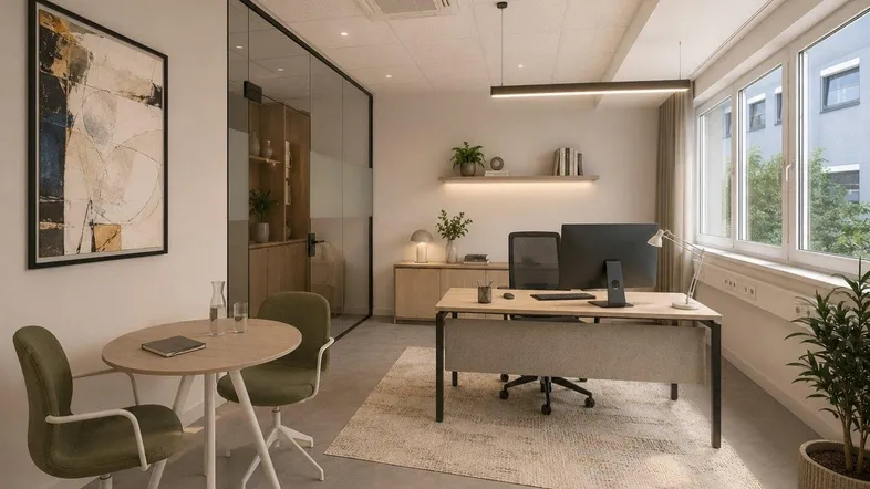 Modernes Büro mit Schreibtisch, Besprechungsbereich und Glasabtrennung, hell durch große Fenster.