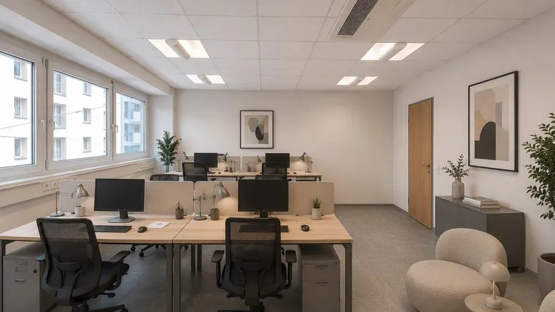 Moderner Großraumbüro mit mehreren Arbeitsplätzen, großen Fenstern und einer gemütlichen Sitzecke.