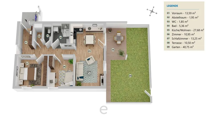 Detaillierter 3D-Grundriss einer Wohnung mit offenem Wohnbereich, Schlafzimmer, Bad, separatem WC, Terrasse und Garten.