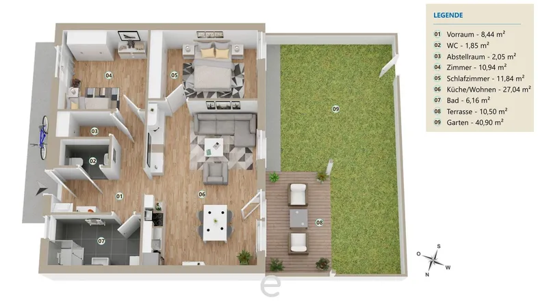 Detaillierter Grundriss einer Wohnung mit Garten, Terrasse und offener Wohnküche.