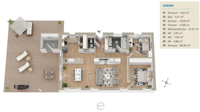 Detaillierter Grundriss einer Wohnung mit großer Terrasse und offener Wohnküche.