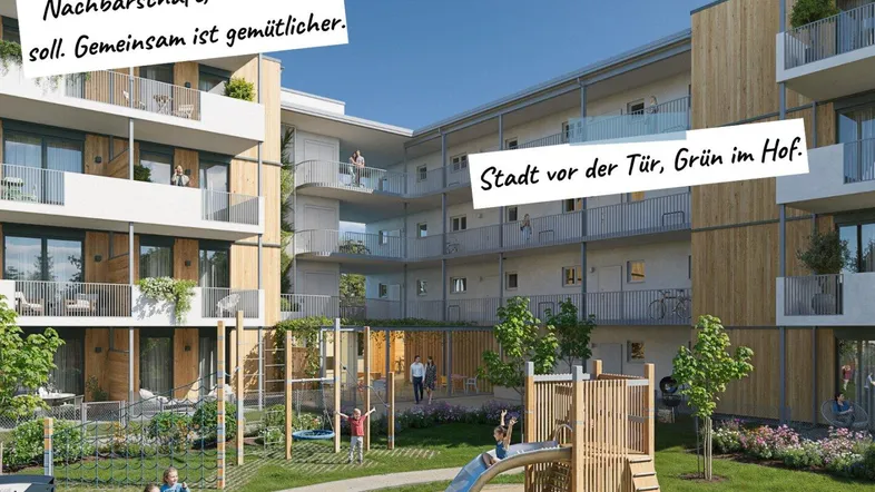 Moderne Wohnanlage mit Spielplatz im begrünten Innenhof und Balkonen an den Fassaden.