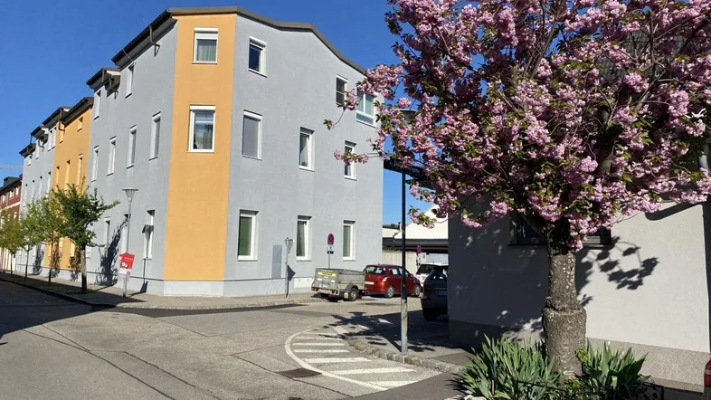 Mehrfamilienhaus mit moderner Fassade in Grau und Gelb, umgeben von blühenden Bäumen.