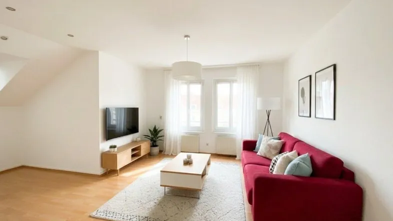 Helles und modern eingerichtetes Wohnzimmer mit großen Fenstern, Holzboden und einer roten Couch.