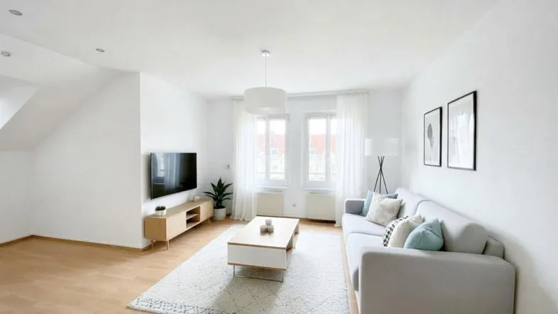 Helles Wohnzimmer mit modernem Design, Holzboden und zwei großen Fenstern für viel Tageslicht.