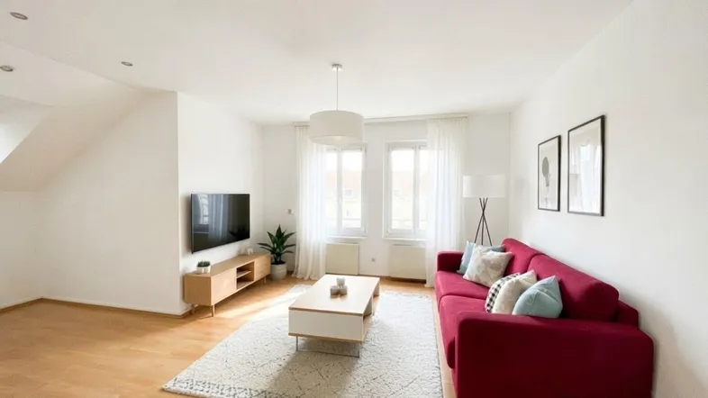 Helles Wohnzimmer mit rotem Sofa, Holzboden und Blick nach draußen durch zwei Fenster.
