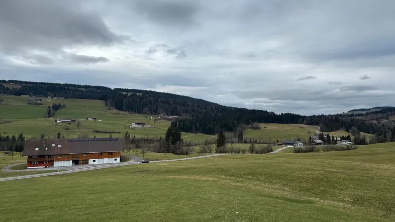 Weitläufige ländliche Landschaft mit grünen Wiesen, Wäldern und vereinzelten Gebäuden unter bewölktem Himmel.
