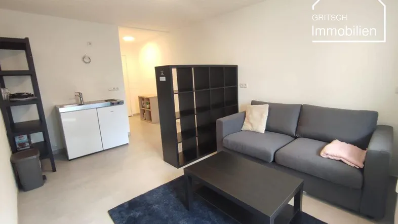Helles Wohnzimmer mit grauem Sofa, Couchtisch und integrierter Küchenzeile in modernem Ambiente.