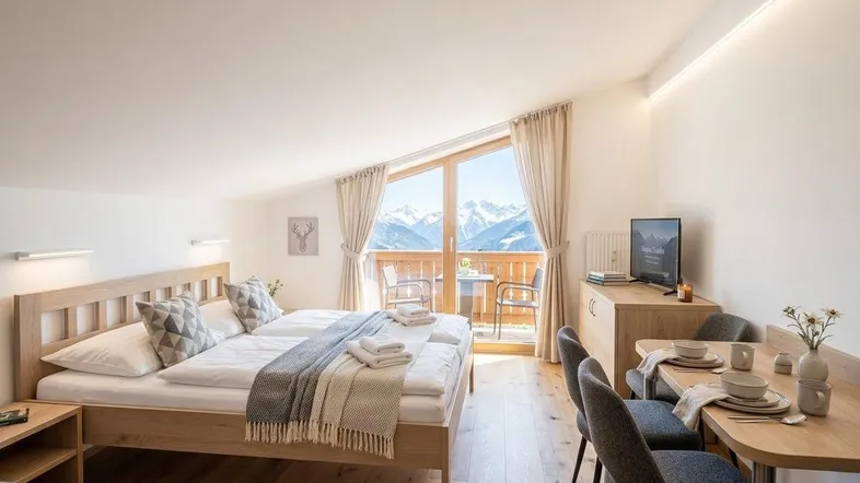 Helles Schlafzimmer mit Holzboden, Bergblick und Zugang zu einem Balkon, inklusive Essbereich.