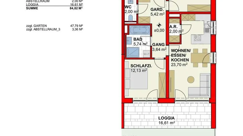 Detaillierter Grundriss der 3-Zimmer-Wohnung im Erdgeschoss mit Loggia und Garten.