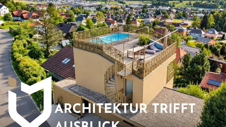 Moderne Architektur mit Dachpool und Panoramablick auf die Berge und das Tal.