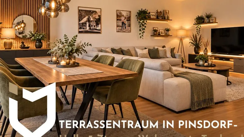 Helles, modern eingerichtetes Wohn-Esszimmer mit Holztisch, bequemer Couch und stilvoller Beleuchtung.