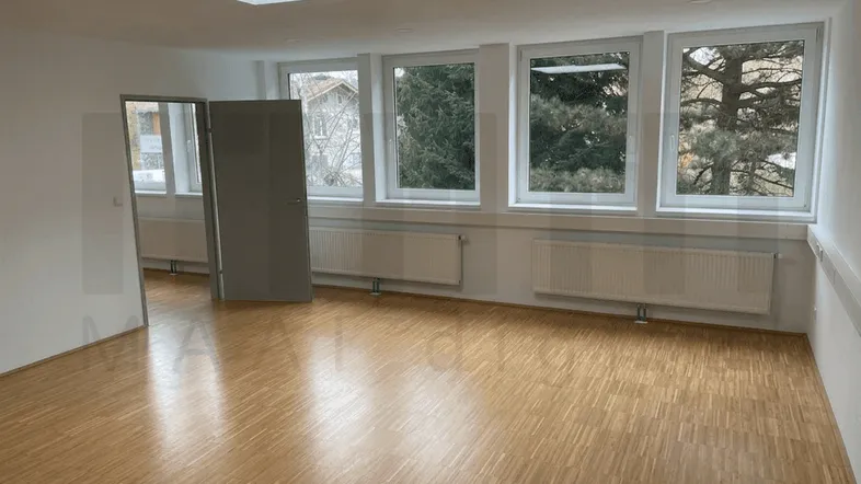 Heller, leerer Raum mit Holzparkettboden, großen Fenstern und einem Oberlicht, ideal für Büro oder Wohnen.