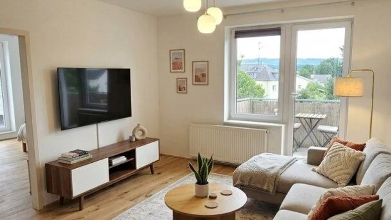 Helles Wohnzimmer mit modernem Sofa, Couchtisch und Zugang zu einem kleinen Balkon.
