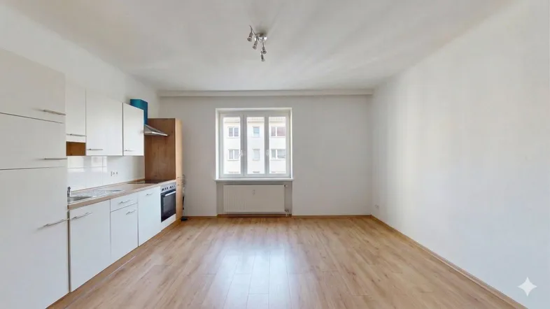Heller offener Wohnbereich mit integrierter Küchenzeile, Laminatboden und großem Fenster.