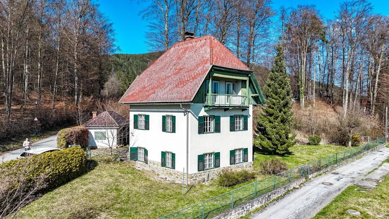 Freistehendes Haus mit rotem Ziegeldach und grünen Fensterläden, umgeben von Bäumen und Wiesen.