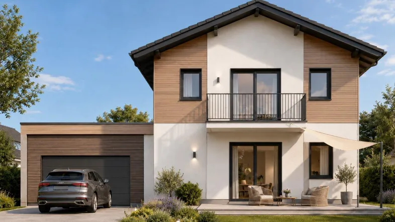 Modernes Einfamilienhaus mit Holzfassade, Garage und kleiner Terrasse im Vorgarten.
