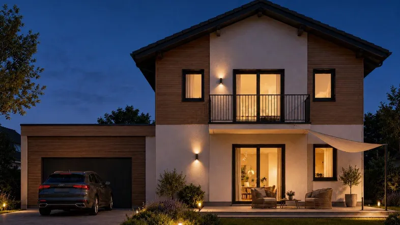 Modernes Einfamilienhaus bei Nacht mit beleuchteter Terrasse, Garage und gepflegtem Vorgarten.