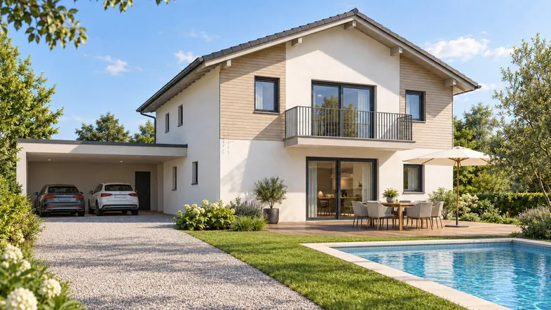 Modernes Einfamilienhaus mit Pool, großer Terrasse und Carport in grüner Umgebung.