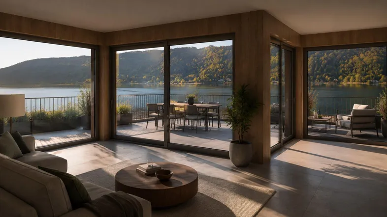 Helles Wohnzimmer mit großen Fenstern, Seeblick und Zugang zu einer möblierten Terrasse.