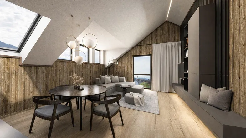 Modernes Dachgeschoss-Wohnzimmer mit Essbereich, Holzwänden und Blick auf die Landschaft.