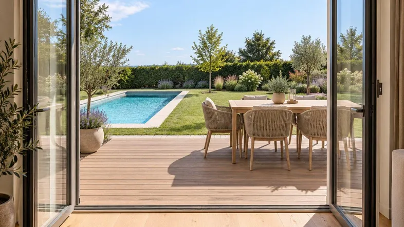 Große Holzterrasse mit Essbereich, Pool und gepflegtem Garten unter blauem Himmel.