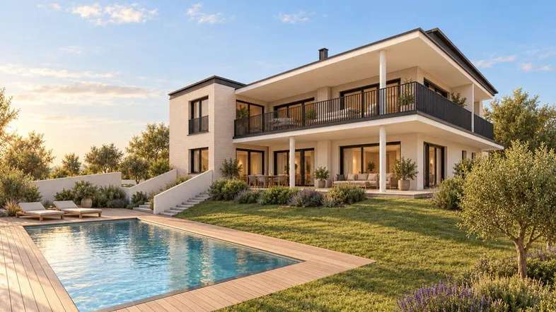 Moderne Villa mit großem Außenpool, weitläufigem Garten und sonniger Terrasse.
