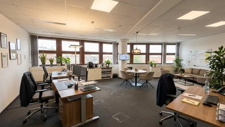 Geräumiges Büro mit mehreren Arbeitsplätzen, Besprechungsecke und großen Fenstern, die viel Tageslicht hereinlassen.
