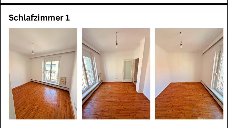 Collage mit Ansichten von Vorzimmer, Schlafzimmer und Küche, alle mit Holzfußboden und natürlichem Licht.